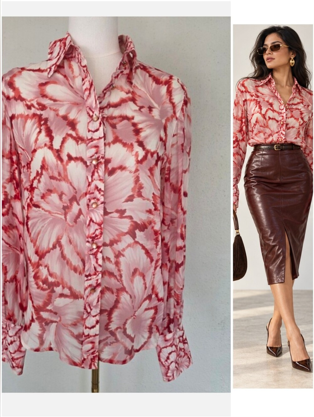 Vintage ESCADA 90s Silk Sheer Water Color Floral Collared Blouse 36 Us 4